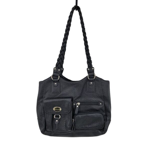 Black Braided Handle Vegan Faux Leather Shoulder Bag Multiple Compartments - Picture 1 of 13